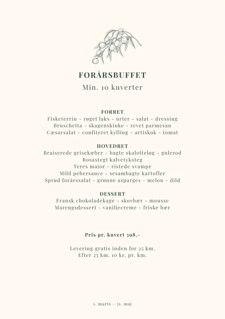 Forårsbuffet – mad ud af huset Menukort: Forårsbuffet – mad ud af huset fra Restaurant Bramslev Bakker