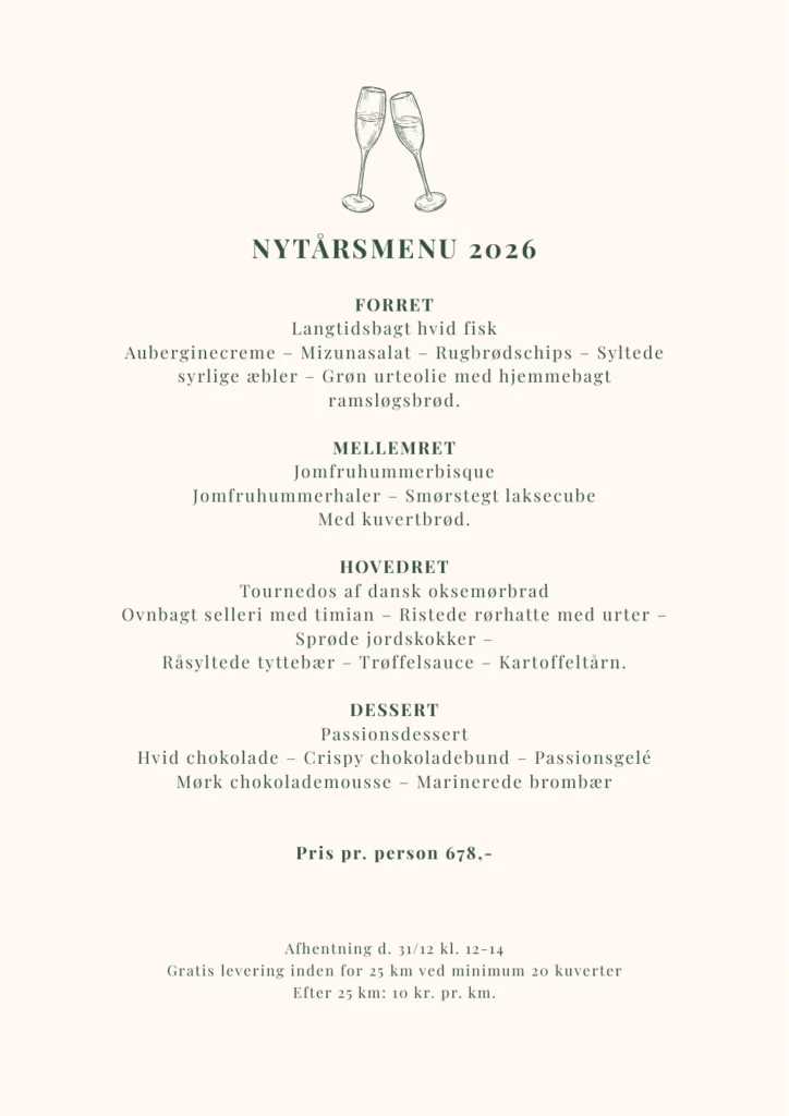 Nytårsmenu 2026 – mad ud af huset Menukort: Nytårsmenu 2026 – mad ud af huset fra Restaurant Bramslev Bakker